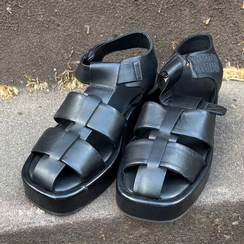 Black Leather Woven Platform Sandals